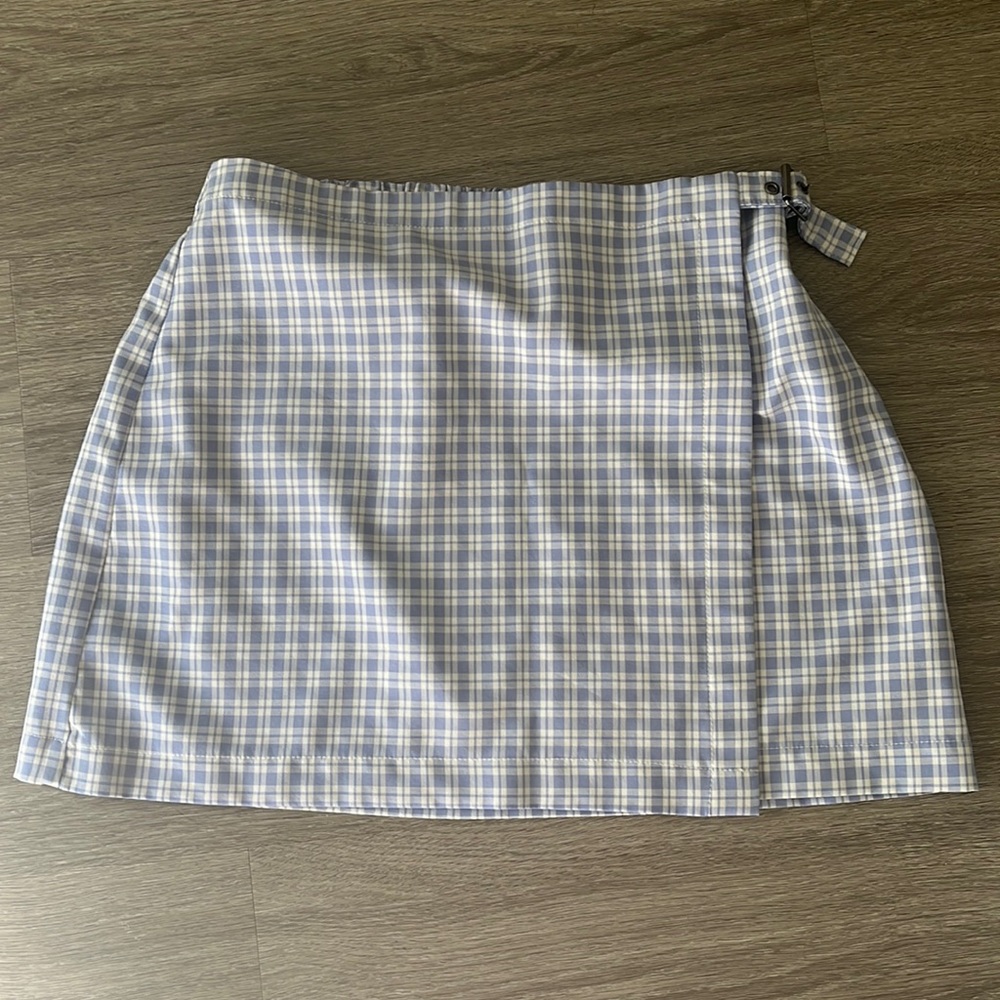white and blue plaid mini skirt